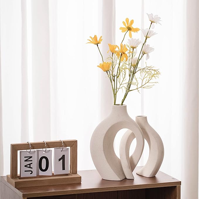 Ceramic Vases for Home Decor Set of 2, Off White Boho Small Flower Vase, Minimalist Decorative Modern Donut Vase for Living Dining Room Office Entryway Book Shelf Coffee Console Table Décor