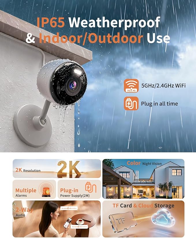 2K Cameras for Home Security, 5G & 2.4G WiFi Security Camera Indoor Outdoor for Baby Pet Dog Cat Nanny, 2-Way Audio, Color Night Vision, Siren, 24/7 Local Recording, IP65, Compatible with Alexa, K07