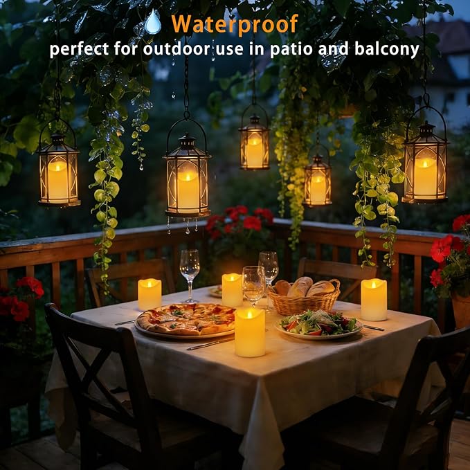 Outdoor Indoor Flameless Candles, Patented 3D Dual-LED, Set of 6 Slanted Top Resin Pillars with 2 Remotes & Timer, Non-Melting Waterproof Battery Operated Candles for Patio Garden (Ivory)