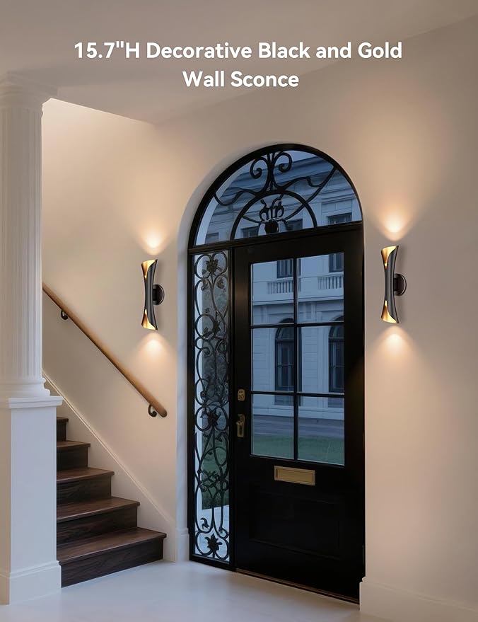 Tubicen Wall Sconces Dimmable Up and Down Indoor Theater Sconce Lights Black and Gold Hardwired Modern Decorative Wall Lights for Living Room Bedroom Hallway Stairway 15.7" H