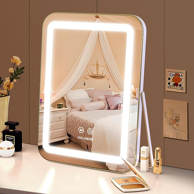Vanity Mirror with Lights, 14.5" Light Up Makeup Mirror, LED Makeup Mirror with Lights for Bedroom Tabletop, Smart Touch Control 3 Colors Dimmable, 360° Rotation