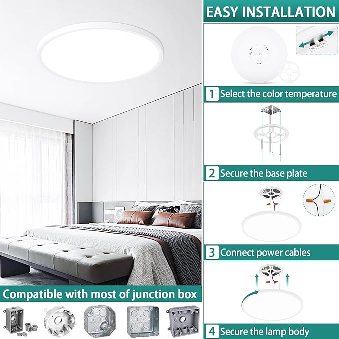 16 Inch LED Flush Mount Ceiling Light – 32 W 3200 LM Dimmable, 3-CCT Changeable (3000K/4000K/6500K), Ultra-Thin Modern Round Light Fixture for Kitchen, Dining Room, Bedroom, Office