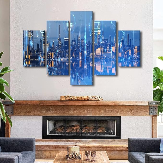 Wall Art for Home New York Cityscape Student Bedroom Canvas Decor 5 Panel Urban Skyline Poster Modern Advanced Smart City Picture Communication Network Canvas Art Stretched Ready to Hang 60x40 Inch