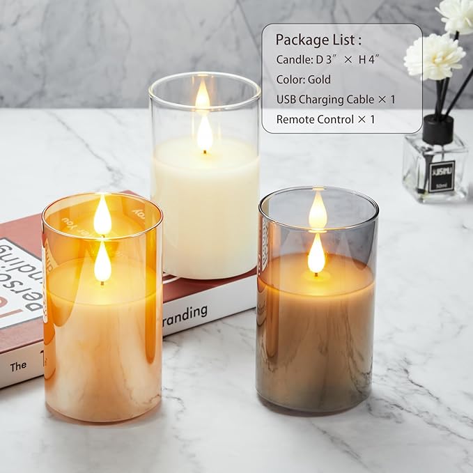 Rechargeable Battery Operated Flickering Flameless Candles with Remote and Timer, led Candle with 3D Wick Last 1000+ Hours Real Wax Electric Candles Pillar Candle for Home, Gold Glass 3" x 4"