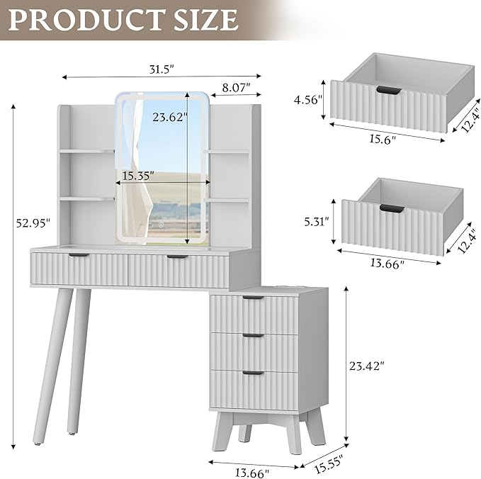 Vanity Desk With HD Lighted Mirror and Lights, Fluted Small Makeup Vanity with Storage Drawers & Shelves, Modern Dressing Table Set with Power Outlet & Glass Table Top for Women Girls Bedroom, White