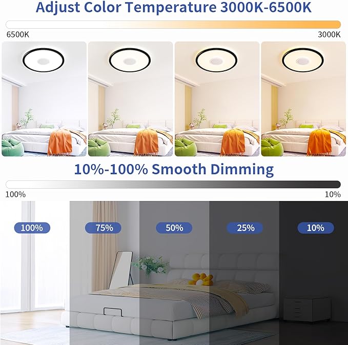 RGB LED Ceiling Light, with Bluetooth Speaker, 24W 11Inch Smart Music Ceiling Lamp with App and Remote Control, 3000K-6500K Color Changing Lights Fixture for Child Bedroom Bathroom, Black