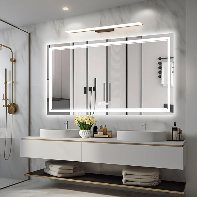 55x30 Inch Led Mirror for Bathroom with Front Light and Backlit, Bathroom Mirror with Led Lights, Vanity Mirror with Lights for Wall, Anti-Fog, Dimmable, Memory Function, Tempered Glass