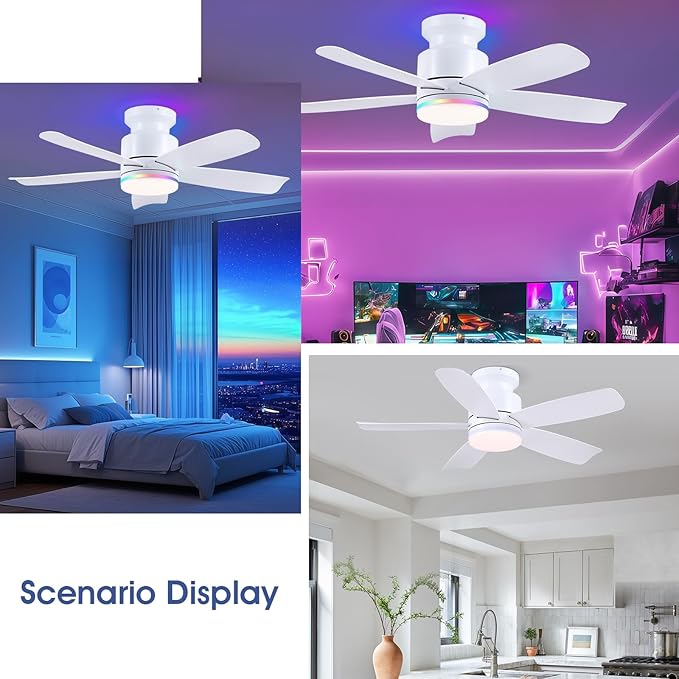 41 Inch White Flush Mount Ceiling Fans with RGB Lights, 5 Reversible Blades, 6-Speed 2H Timer, RGB & 3 CCT Dimmable, Remote & APP Control for Bedroom Living Room