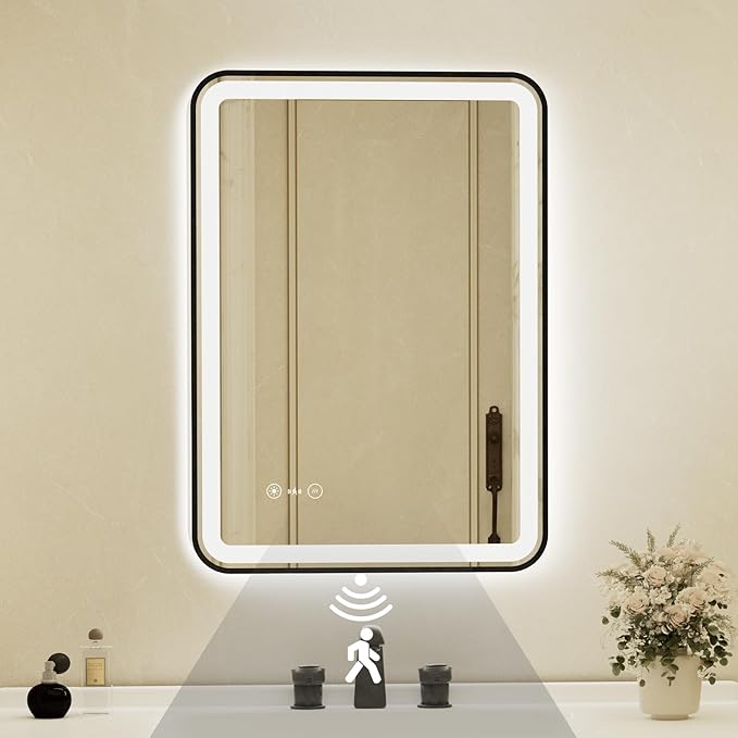 20x28 Inch Black Framed LED Bathroom Mirror with Lights,Smart Bathroom Mirror,Motion Sensor,Anti-Fog,Stepless Dimmable & 3 Colors,Memory,Vanity Mirror for Wall