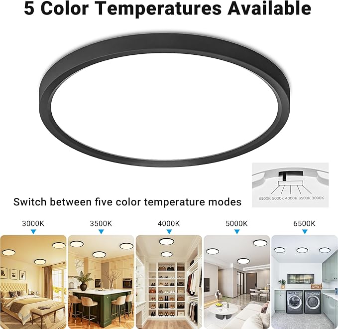 LED Flush Mount Ceiling Light,7Inch 15W,3000K/3500K/4000K/5000K/6500K 5 Color Temperatures Ceiling Light Fixture for Kitchen Porch Hallway Bedroom Bathroom and Closet,Black