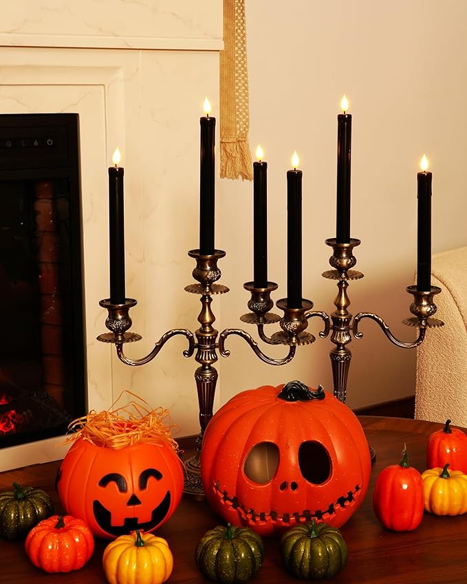 Homemory Black Flameless Taper Candles Flickering, NO Remote, 9.6 Inches Battery Operated, 6 Pcs Realistic Electric LED Candlesticks Made of Plastic for Halloween Party Home Decor