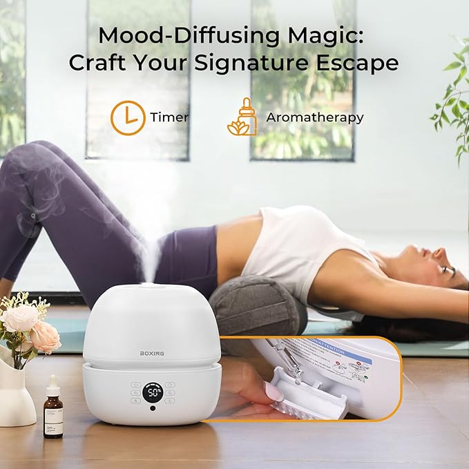 BOXING Top Fill Humidifiers for Bedroom Baby with Humidistat, 20dB Quiet Air Humidifier for Large Room & Indoor Plants with Remote, Cool Mist Diffuser for Home, 7 Color Light, Essential Oil Tray,Timer
