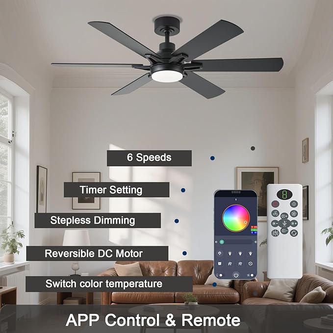 52in Ceiling Fans with Lights RGB Ceiling Fan with Light and Remote/APP Control,Low Profile Ceiling Fans with Lights for Bedroom,Living Room,Kids Room,3CCT Dimmable Modern Ceiling Fan, 6 Speeds,black