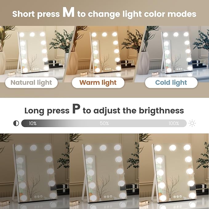 Hollywood Vanity Mirror, 11"x 14" Hollywood Lighted Makeup Mirror with Detachable 10X Magnification & 11Dimmable 3 Colors Modes LED Bulbs, Touch Control,Type-C Charging Port, White