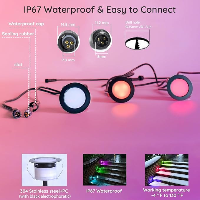 Sumaote Recessed Smart Deck Lights Kit, 10 Pack Ø 1.77" RGBW+IC Multicolor Dynamic Low Voltage Landscape Lights IP67 Waterproof Outdoor for Garden Yard Path Ground Stairs