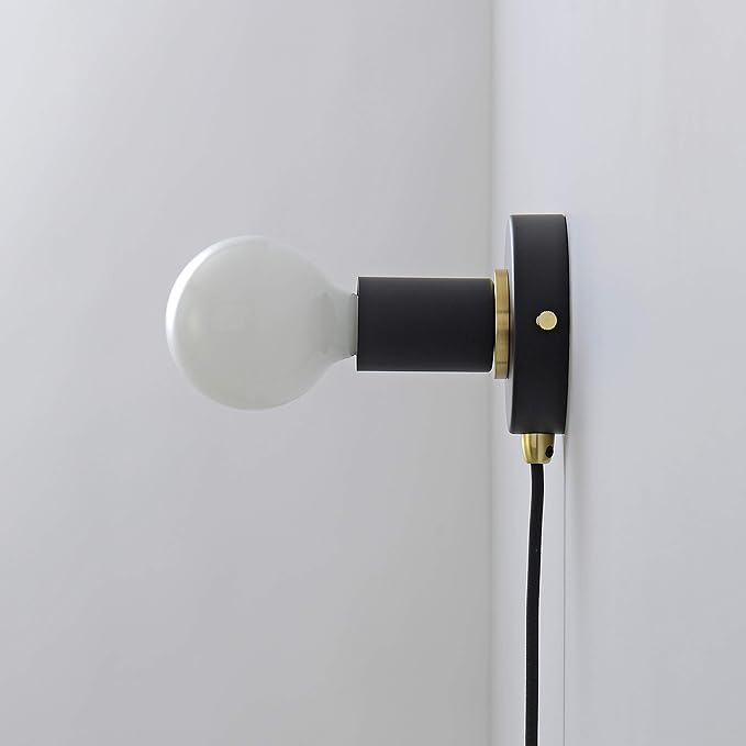 BRIGHTTIA Matte Black Plug-in Simple Ring Wall Sconce Light - Brushed Brass Color Accents - Modern Minimalist Lighting - Mid Century Industrial Exposed Bulb Wall Lamp - 16Ft Fabric Cord (BW0005-1BP)