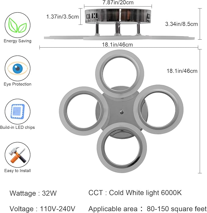 Modern LED Flush Mount Ceiling Light, 4 Rings, Chrome, 6000K for Bedroom, Dining, Living Room, Office