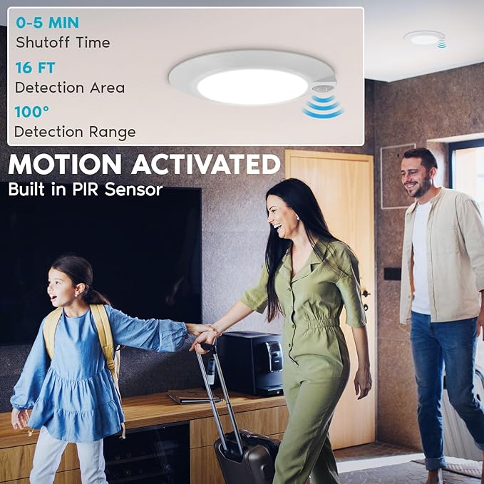 LUXRITE 6 Inch LED Motion Sensor Ceiling Light, CRI 90, 3CCT 3000K 4000K 5000K, Adjustable Detection Range and Timer, 13W, 1050LM, Dimmable Flush Mount Light Fixture, 120V, Energy Star, ETL Listed