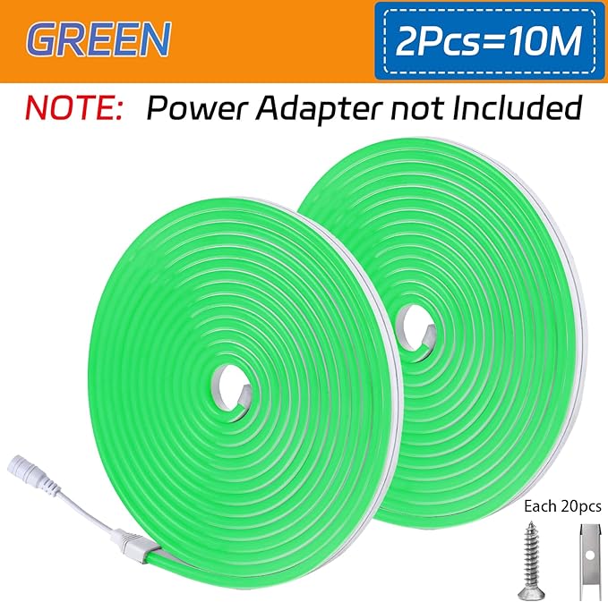 10M/2PCS/32.8FT/Neon Light Strip - Flexible LED Rope Light Waterproof Design for Indoor & Outdoor Use, Perfect for Parties, Holidays, and Home Decor [Power Adapter Not Included] Green
