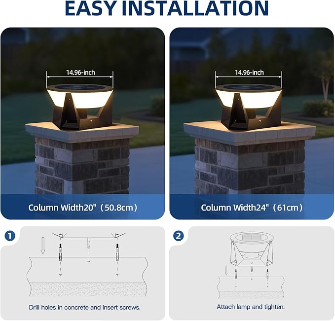 14.96" Outdoor Solar Post Lights, IP54 Waterproof Solar Column Lights Outdoor, 3000K Modern Pillar Light, Dusk to Dawn Outside Light Columns, Extra Large Post Lamp for Patio Fence Entrance