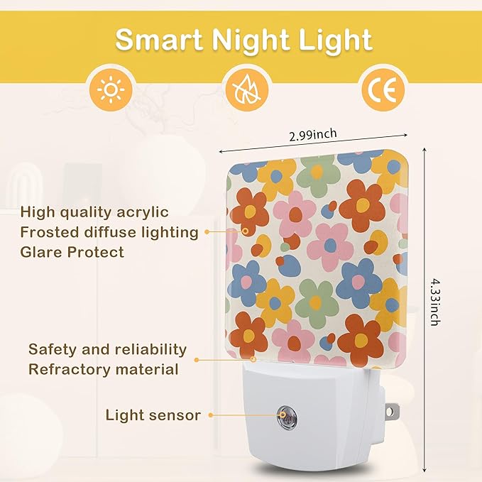 Vintage Groovy Flowers Night Light with Dusk to Dawn Light Sensors, Plug-in Wall Led Night Lights, Energy Efficient Lamp for Bedroom/Bathroom/Kitchen/Hallway/Stairs