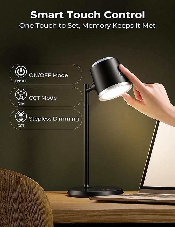 Modular LED Desk Lamp for Home Office, Eye-Caring Table Lamp Dimmable Rechargeable with 360°Adjustable Head, 3 Color Temperatures & Stepless Brightness, Touch Control & Memory, Multi-Scene Use, Bkack