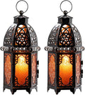 NEEDOMO Set of 2 Moroccan Lanterns Decorative Indoor & Outdoor, Hanging Candle Lantern, 11'' Vintage Candle Holder, Metal Lanterns Decorative, Table, Patio, Porch, Shelf, Gothic Home Decor (Amber)