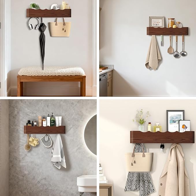 Coat Rack Wall Mount Entryway Organizer Modern Key Holder Wall Mount with Wooden Shelf Entryway Hooks for Bedroom Kitchen Hallway Bathroom for Hanging Coats Hats Dog Leashes Bags Towels