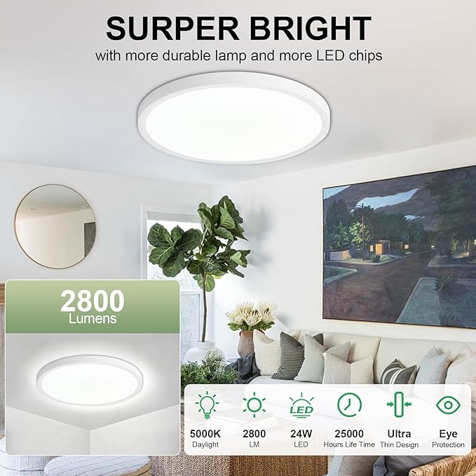 6Pack LED Flush Mount Ceiling Light: 12 inch Super Slim 5000K Dimmable Kitchen Lighting Fixtures Ceiling - 24W White Low Profile Ceiling Lamp for Bedroom Garage Hallway