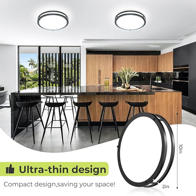 hepside Flush Mount LED Ceiling Light with Remote, Dimmable& 3000K-6500K Adjustable Ceiling Light Fixture, Timer, Night Light, 10 inch Black Ceiling Lamps for Kitchen Bathroom Bedroom Hallway