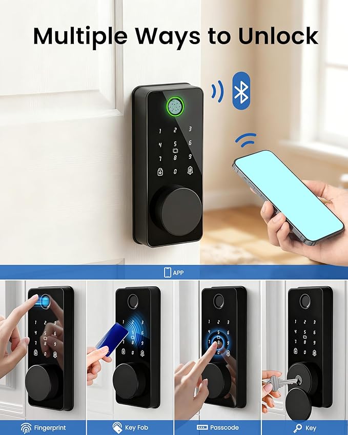 Smart Deadbolt Lock with 2 Handle Set, 5-in-1 Keyless Entry Door Lock with Fingerprint, APP Control, Auto Lock, IP54 Waterproof, Temporary Passcode for Front Door