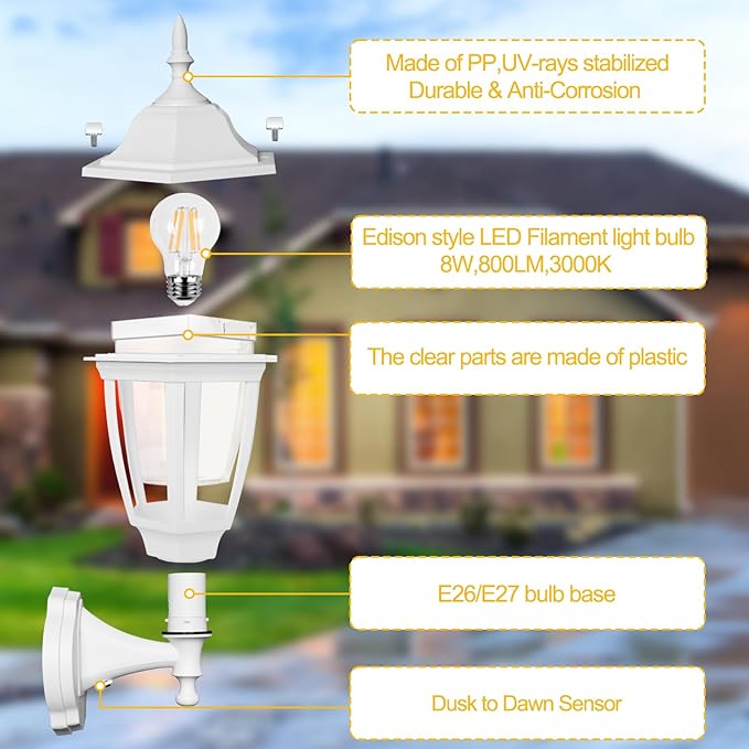 FUDESY Outdoor Wall Light Dusk to Dawn, Porch Sensor Light White Plastic Anti-Corrosion with LED Edison Filament Bulb, Exterior Mount Lantern for House, Garage (2-Pack)