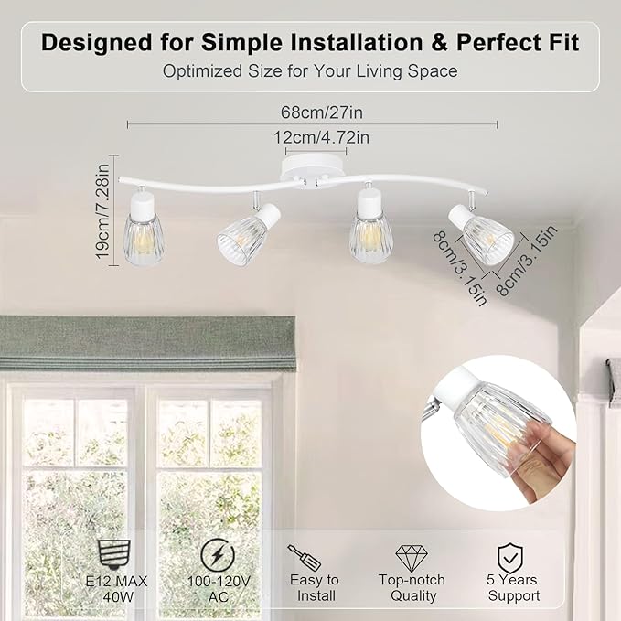 HiBay 4-Light Track Lighting White, Adjustable Modern Ceiling Light Fixture w/Glass Shades, Flush Mount Ceiling Wall Spotlight Indoor for Bathroom, Kitchen, Living Room, E12 Base, No Bulbs