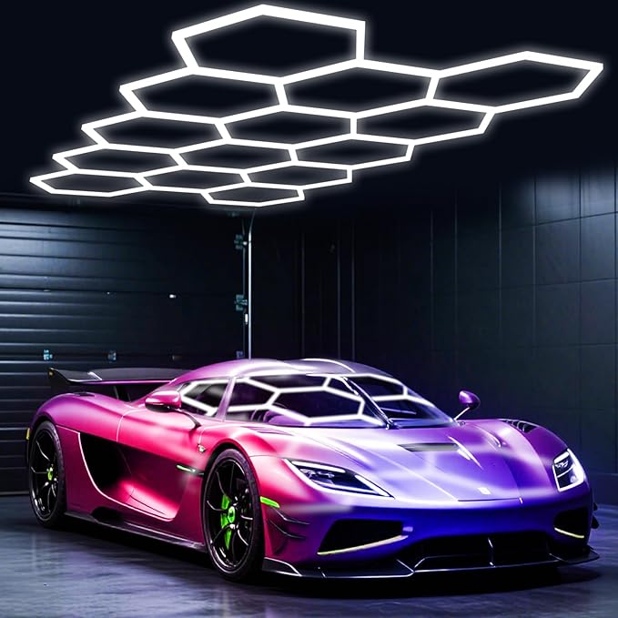 Hexagon Garage Lights 456W 50160LM,14 Grids LED Hexagon Light,7000K Honeycomb Lights for Garage,Warehouse,Car Detailing Shop,malls,Gym