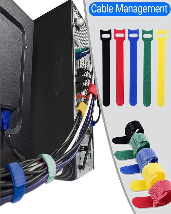 120 Pack Reusable Cable Ties 6 Inch - Adjustable Multi-Color Cord Ties & Cable Straps for Wire Management - Hook and Loop Cord Organizer for Electronics, PC & Desk - Strong Grip Zip Tie Alternative