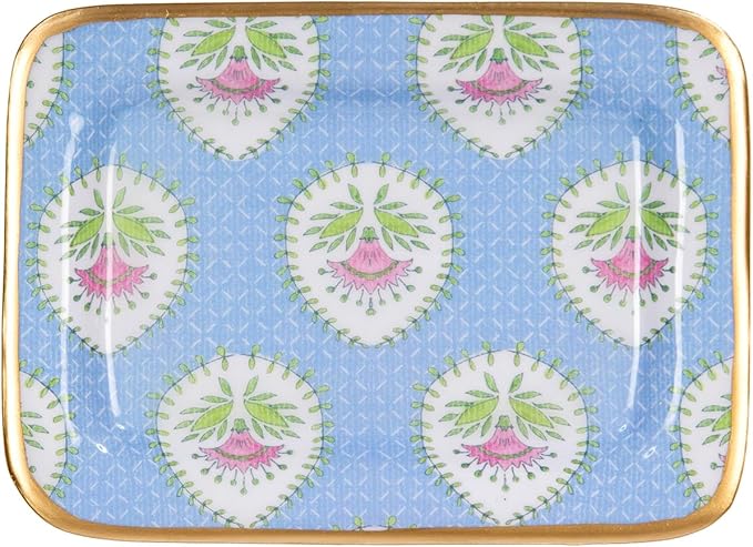 Jaye’s Studio Decorative Trinket Tray, Jewelry Plate, Catchall Dish for Bathroom, Dresser, Nightstand, Entryway, Blue and Pink, Chinoiserie Dish, Gold Tray, Daphne Laney Collection