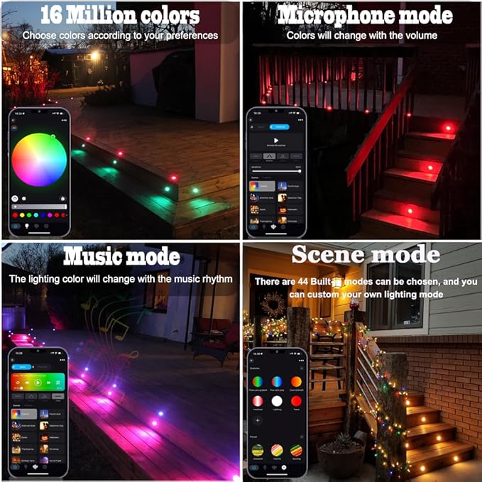 Smart LED Deck Light Kits - 20 Pack of 1.77" Low Voltage Recessed RGBW Deck Lights IP67 Waterproof for Outdoor Landscape Lighting on Steps, Floors & Pathways, Compatible with Alexa & Google Assistant