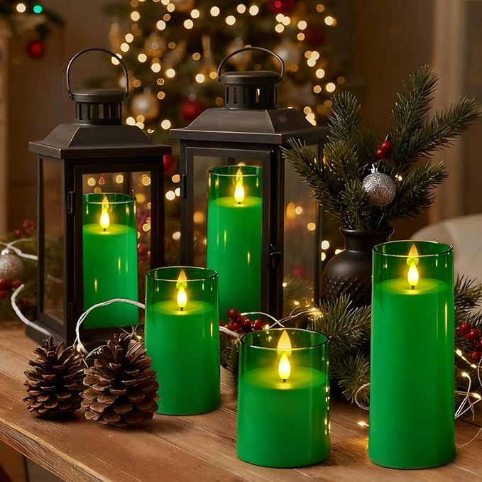 Raycare St. Patrick's Day Flameless Candles Battery Operated with Remote Timer, Acrylic Flickering LED Pillar Candle for Christmas Decoration, Home Decor, Gift for Family and Friend, Green, Set of 5