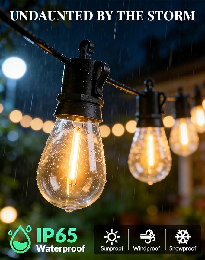 Outdoor String Lights LED Patio-Light - 50Ft Outside Waterproof Dimmable Porch Lights with Remote Shatterproof S14 Bulbs Outside Hanging Light Connectable Lighting for Gazebo Backyard Bistro Pergola