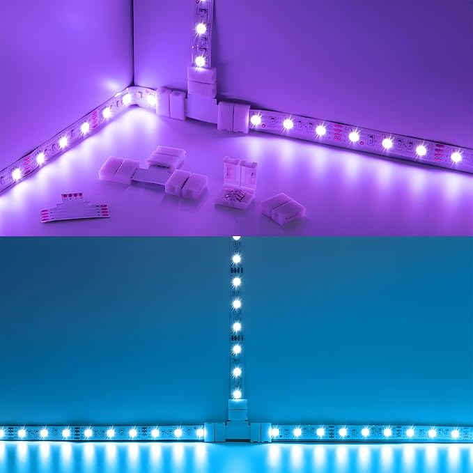 JACKYLED T Shape 4-Pin 8mm LED Connectors Total 42Pcs, Unwired Solderless Gapless Adapter Corner Connectors Terminal Extension 12V 72W with 32pcs Clips for 5050 3528 SMD RGB LED Strip Lights -8mm 4pin