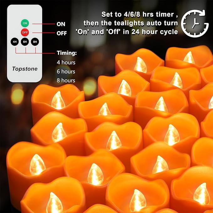 Topstone Halloween Orange Led Tealight with 4/6/8 H Timer,Remote Control Flameless Candle,Battery Powered Fake Candles,Electric Votive Candle,Pack of 12