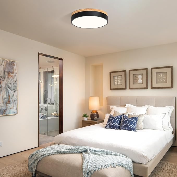 Dimmable Wood LED Flush Mount Ceiling Light, 5CCT 2700K-6000K Modern Black Close to Ceiling Lighting Fixtures, Minimalist Round Ceiling Lamp for Bedroom, Kitchen, Hallway, Laundry Room