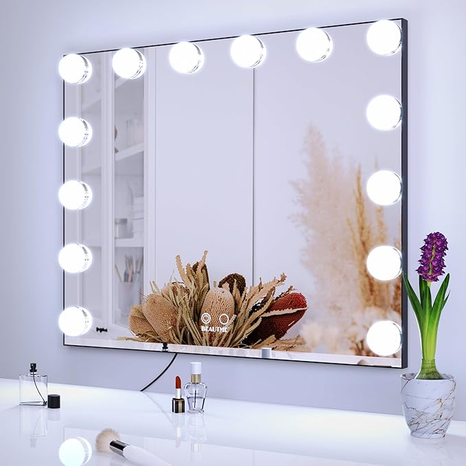 BEAUTME Vanity Mirror with Lights, Lighted Makeup Mirror with 14 Dimmer Bulbs, 2 Color Lighting Mode, Touch Control, Tabletop or Wall Mounted for Bedroom,Dressing Room,Black 23.6" X 20"