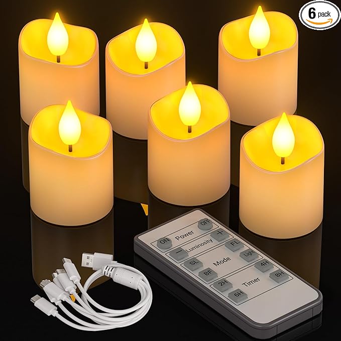 PChero Flameless Candles with Remote Timer, 6 Packs Rechargeable Tea Lights Flickering LED Votive Candles with USB Charging Cable for Christmas Halloween Fall Home Room Decor