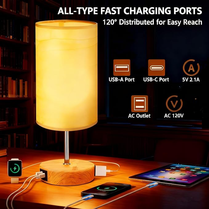 HiBay 2-Set 17.75" Touch Bedside Table Lamps with USB Charging Ports & AC Outlet, Farmhouse Wood-Grain 3-Way Dimmable LED Nightstand Lights with Parchment Shade for Home Office Lighting Decor