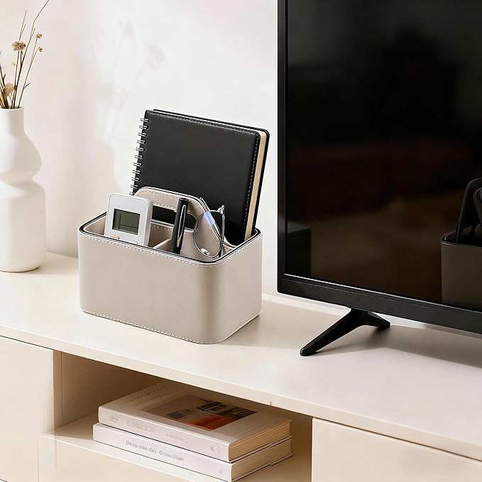 Caddy Organizer with Handle, PU Leather Remote Control Holder Desk Caddy, Portable Makeup Remote Organizer for Table, Nightstand, Office (Beige)