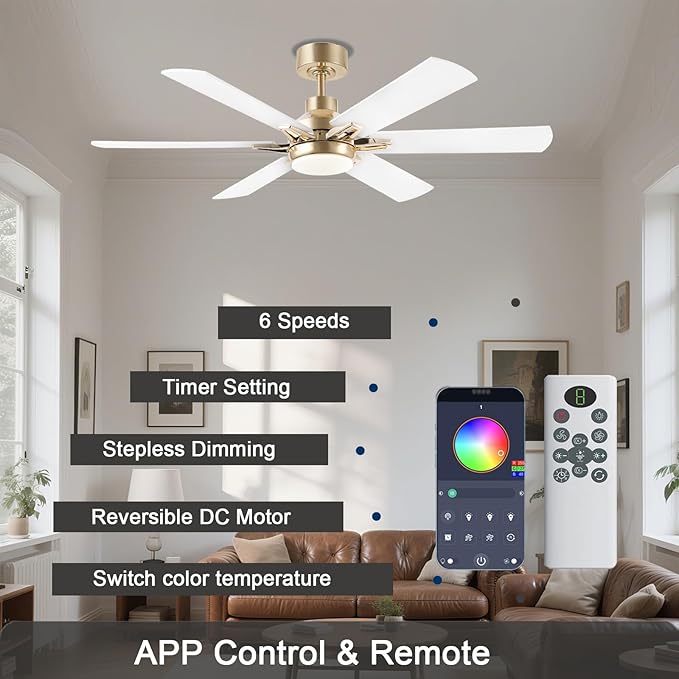 52in Ceiling Fans with Lights RGB Ceiling Fan with Light and Remote/APP Control,Low Profile Ceiling Fans with Lights for Bedroom,Living Room,Kids Room,3CCT Dimmable Modern Ceiling Fan, 6 Speeds,white