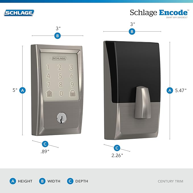 Schlage Encode Smart Wi-Fi Deadbolt Lock with Touchscreen Keypad, Keyless Front Door Entry, App Control, Alexa, Google Home and Airbnb Compatible, Satin Nickel, BE489WB CEN 619