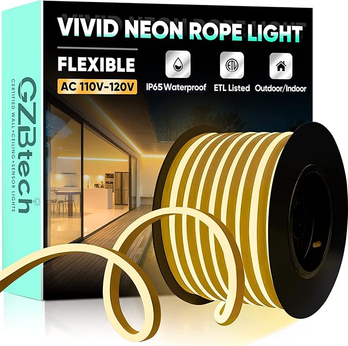 GZBtech Flexible LED Neon Rope Lights 66FT,AC 110-120V Waterproof Strip Light, 2800K Cuttable Connectable Neon Lighting for Indoor Outdoor Home Decor/Commercial Use-Warm White 20M, ETL Listed
