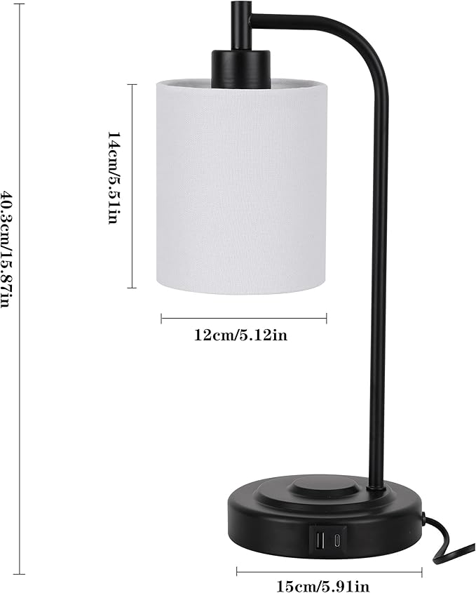 Industrial Style Touch Control Table Lamp - Dual USB A+C Ports Charging Bedside Light, Adjustable Brightness Metal Base Lamp for Bedroom, Office, Living Room Nightstand (Fabric lampshade)